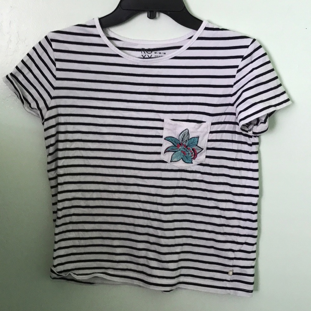 Roxy Stripped Boxy Flower Pocket Shirt Top